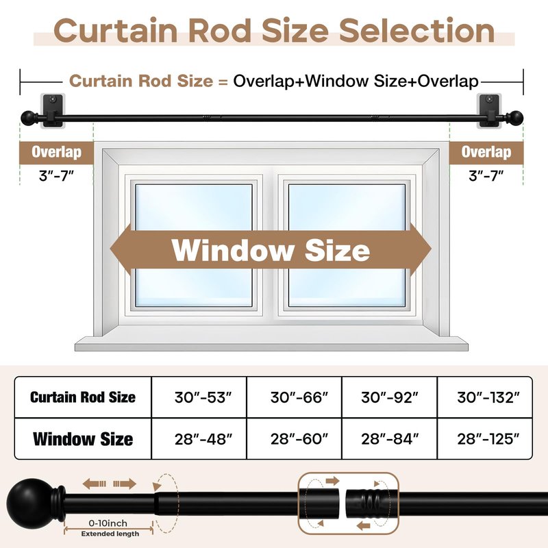 PeSenp No-Drill Curtain Rod with Adhesive & Pin-Nail Mount System - Renter Friendly & Minimal Wall Damage, 5/8" Diameter Black Adjustable Rod for Windows 28 to 48 Inch