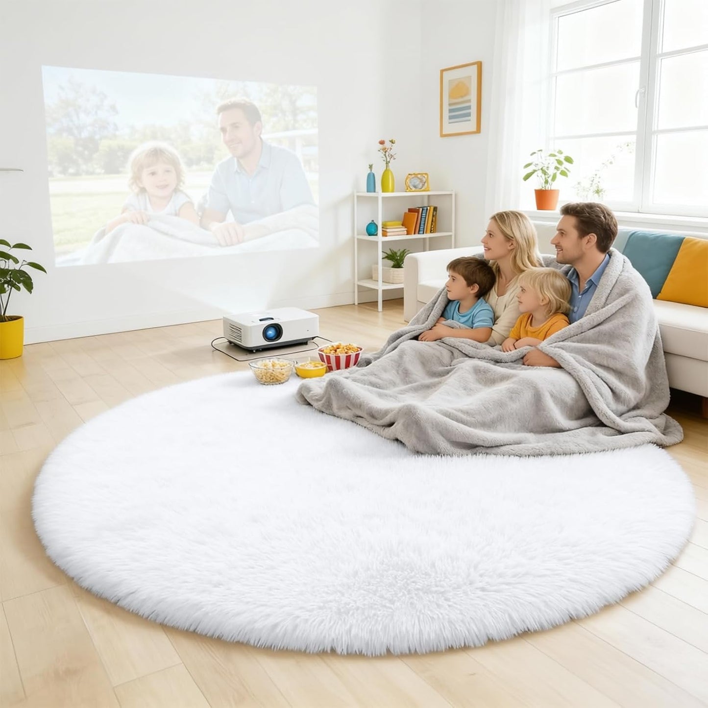 OLANLY Round White Area Rug - Soft & Fluffy 7 ft Machine Washable Carpet for Bedroom & Living Room Decor