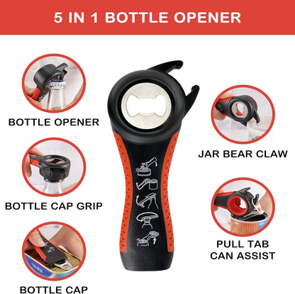 Skiennix Jar Opener - 5-in-1 Multi-Function Tool for Arthritis Relief | Non-Slip Grip & Corkscrew (Red)