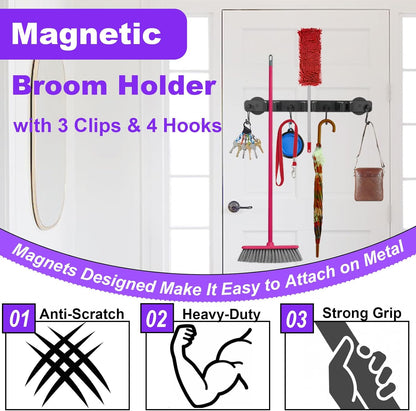 Skiennix Magnetic Mop Holder - Heavy Duty Tool Organizer with Swivel Hooks for Kitchen & Garage
