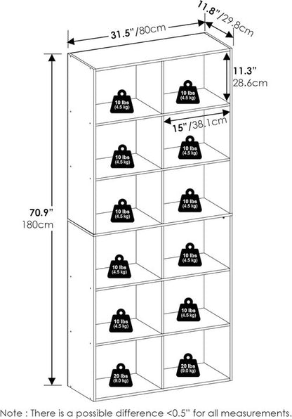 Furinno 12-Cube Bookshelf - Open Shelf Bookcase & Cube Storage Organizer | Plain White, 12 x 32 x 71