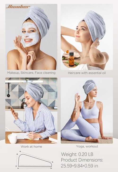 Hicober Microfiber Hair Towel Wrap, Fast Drying Hair Towels for Women, Soft Lightweight Quick Dry Turban for Curly & Long Hair–3 Pack(Blue/Grey/Pink)
