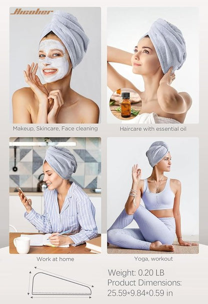 Hicober Microfiber Hair Towel Wrap, Fast Drying Hair Towels for Women, Soft Lightweight Quick Dry Turban for Curly & Long Hair–3 Pack(Blue/Grey/Pink)