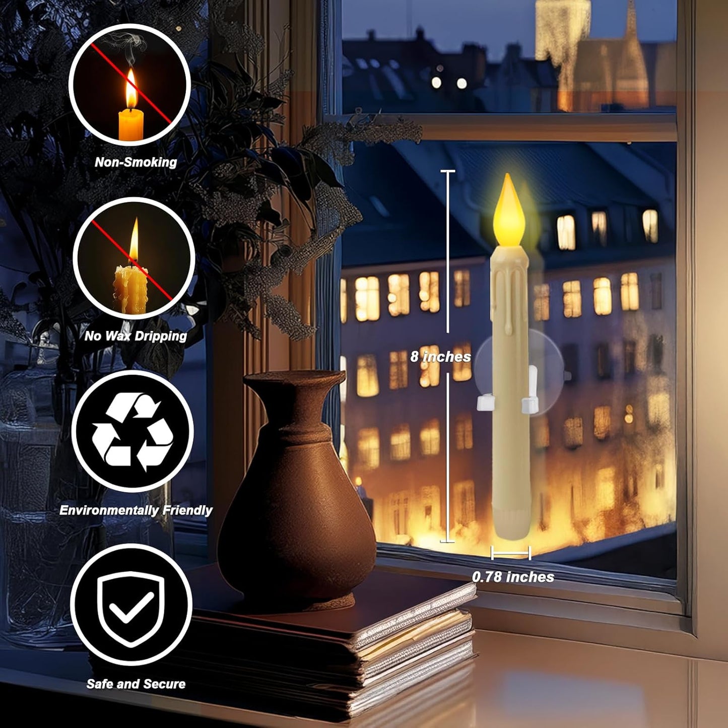 Skiennix 6 Pcs Sensor Window Candles - Flickering LED Lights with Suction Cups | Warm Yellow Glow for Xmas Decor
