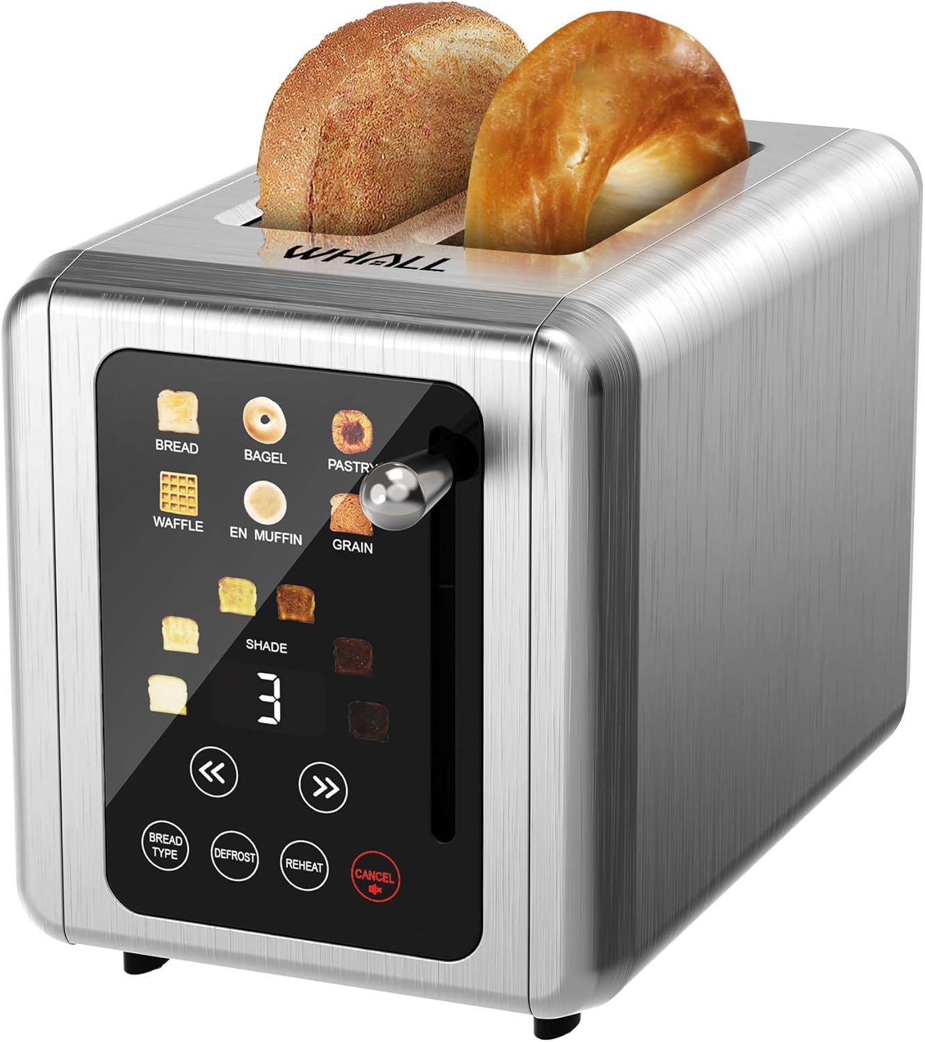 WHALL® Touch Screen Toaster - 2 Slice Stainless Steel with Digital Timer, 6 Bread Types & Shade Settings