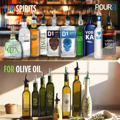 3-in-1 Liquor Bottle Pour Spouts with Built-in Fruit Fly Protection - BPA Free & Dishwasher Safe Hygienic Alcohol Pour Spouts - Also for Olive Oil - Silver 2 Pack with 2 Adapters for Large Bottles