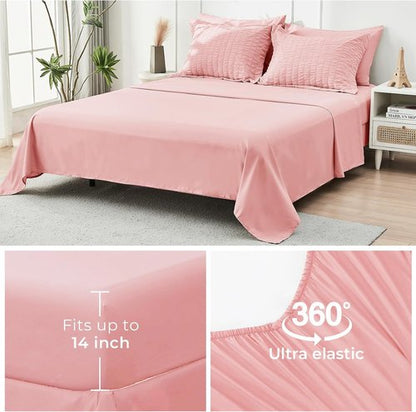 HYMOKEGE Queen Comforter Set - Luxury 7-Piece Seersucker Bedding in Rose Pink | All-Season Comfort