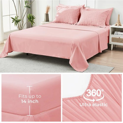 HYMOKEGE Rose Pink Full Size Comforter Sets Seersucker 7 Pieces, All Season Luxury Bed in a Bag for Bedroom, Bedding Set with Comforter, Sheets, Pillowcases & Shams