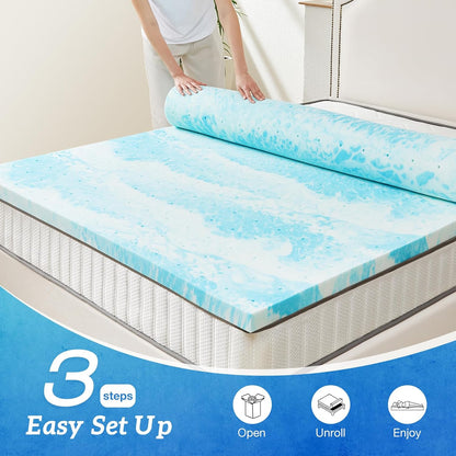Skiennix Full Size Mattress Topper - 2 Inch Cooling Gel Infused Memory Foam for Back Pain Relief