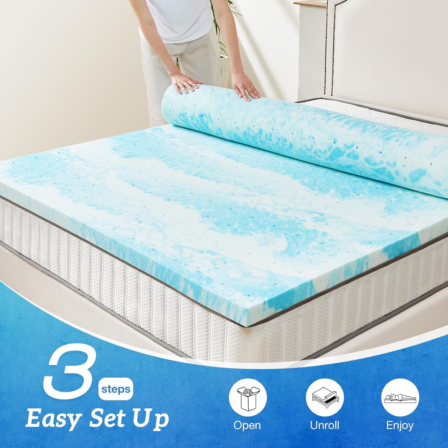 Sweetcrispy Mattress Topper - Cooling Gel Infused Memory Foam | 2 Inch Thick Twin Size Bed Pad, Blue