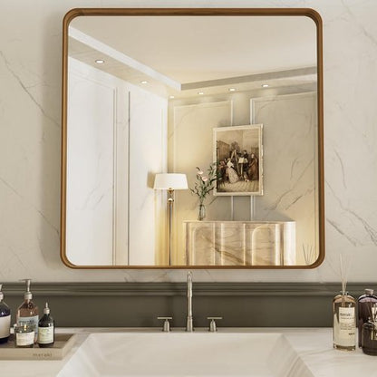 LOAAO Bathroom Mirror - 36x36 Inch Rounded Rectangle with Wood Grain Metal Frame | Anti-Rust, Versatile Hanging Options