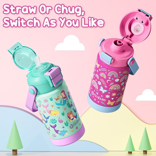 Fimibuke Kids Insulated Water Bottle - 14oz Leak-Proof 18/8 Stainless Steel with 2-in-1 Lid | BPA-Free for Travel & School