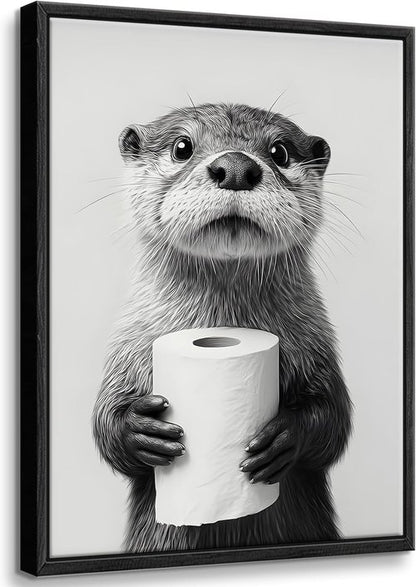 Framed Otter Wall Art - Black and White Funny Bathroom Decor | Unique Toilet Paper Design