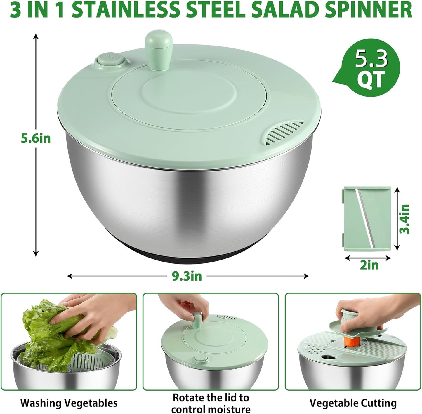 Salad Spinner - Stainless Steel 5.3-Quart Lettuce Washer with 5 Blades Slicer | Perfect for Healthy Home Cooking