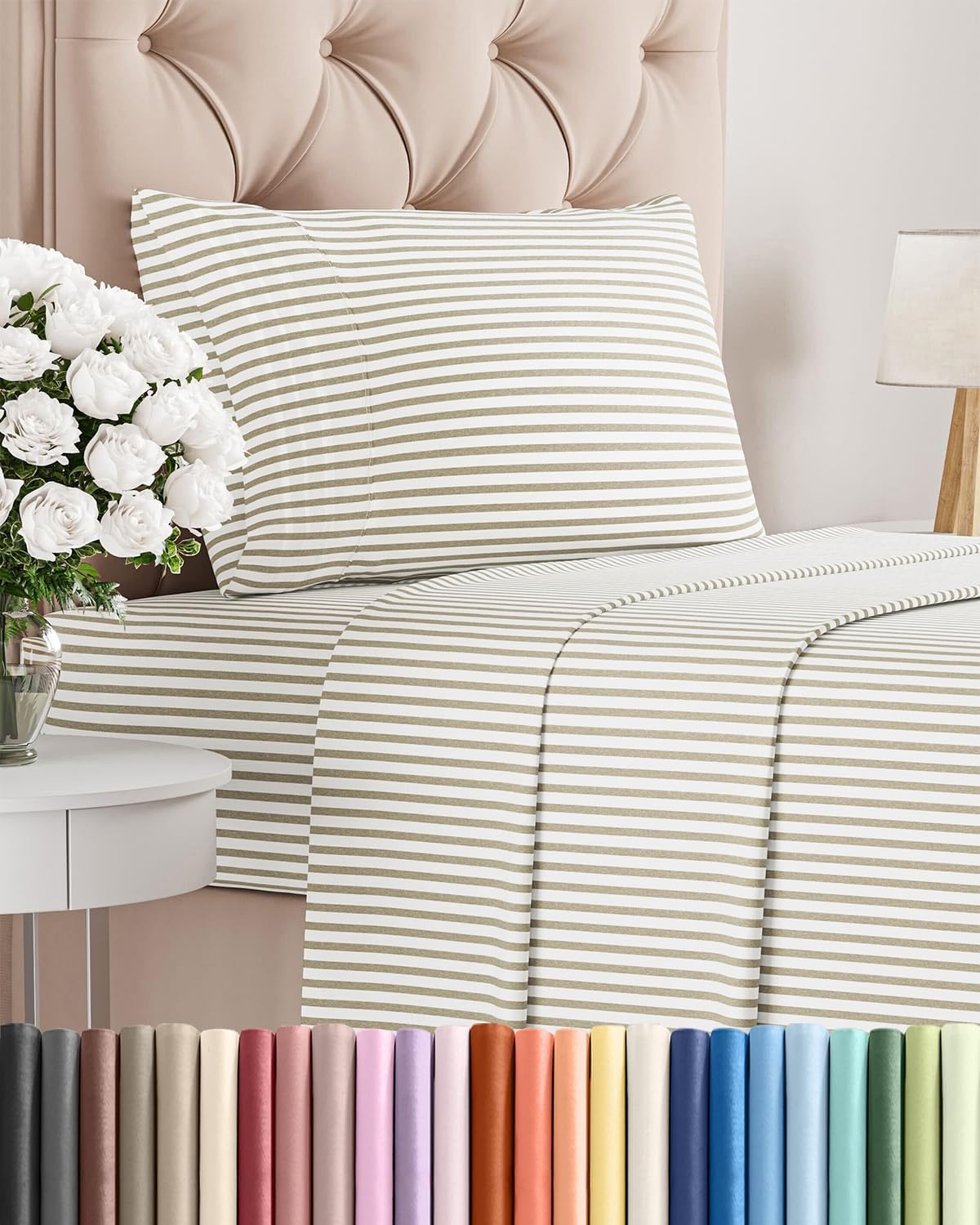 Skiennix Twin Size Sheet Set - Comfy Cooling Bedding with Deep Pockets - Soft, Wrinkle-Free Beige Stripes