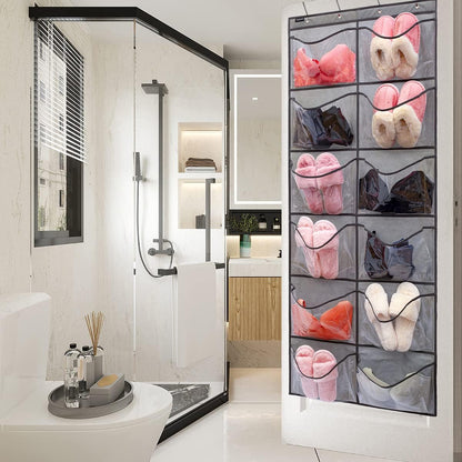 Skiennix Extra Large Shoe Organizer - Hanging Rack with 12 Clear Pockets | Grey Bedroom & Bathroom Storage