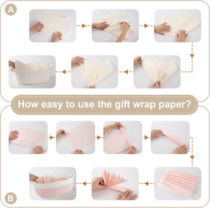 OIAHOMY Small Woven Gift Basket - 12"x8"x5" with Handle, Ribbon & Tissue Paper for Dog Toy Storage - Pink & White