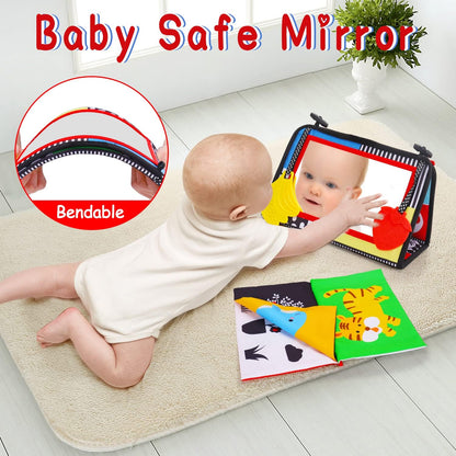 Skiennix Tummy Time Baby Mirror - High Contrast Infant Toy for Brain Development | Includes Crinkle Cloth Book & Teether