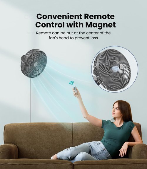 LEMOISTAR 12" Wall Mounted Fan - Remote Control, 90° Oscillation, 4 Speeds, Quiet Operation | Grey