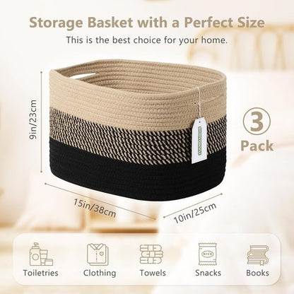 ECDYQXVU Cotton Rope Storage Basket - Woven Organizer for Shelves, Clothes & Towels | 15x10x9 Inches, Gradient Black/Brown (3 Pack)
