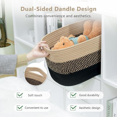 ECDYQXVU Cotton Rope Storage Basket - Woven Organizer for Shelves, Clothes & Towels | 15x10x9 Inches, Gradient Black/Brown (3 Pack)