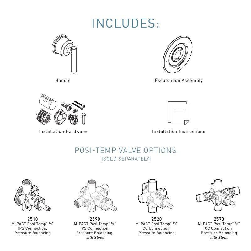 Moen Gibson Chrome Posi-Temp Pressure-Balancing Modern Valve Handle Only Trim, Valve Required, T2901