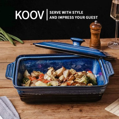 KOOV Ceramic Casserole Dish - Covered Rectangular Lasagna Pan, 9 x 13 Inches, Nebula Blue Reactive Glaze