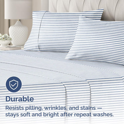 Skiennix Standard Pillow Cases Set of 4 - Soft Hotel Quality Covers - Machine Washable Blue Stripes