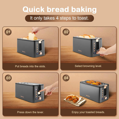 Mecity 4-Slice Long Slot Toaster - Extra Wide Slots, Warming Rack & 6 Browning Settings | Stainless Steel, Grey