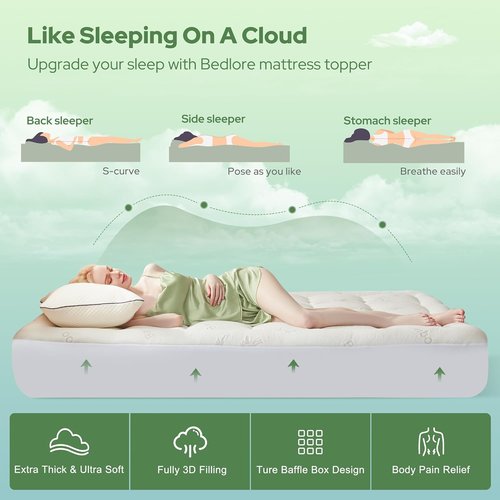 BEDLORE Queen Mattress Topper - Soft Bamboo Viscose Pillow Top for Back Pain Relief | Fits 6-18 Inch Mattresses