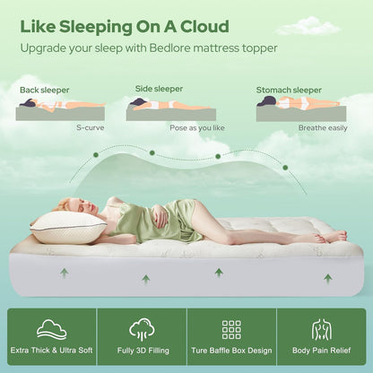 BEDLORE Twin Mattress Topper - Soft Bamboo Viscose Pillow Top for Back Pain Relief | Fits 6-15 Inch Mattresses