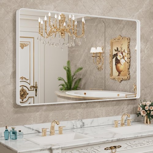 LOAAO 55x30 Inch White Metal Framed Bathroom Mirror for Wall, White Bathroom Vanity Mirror Farmhouse, Large Rounded Rectangle Mirror, Anti-Rust, Tempered Glass, Hangs Horizontally or Vertically