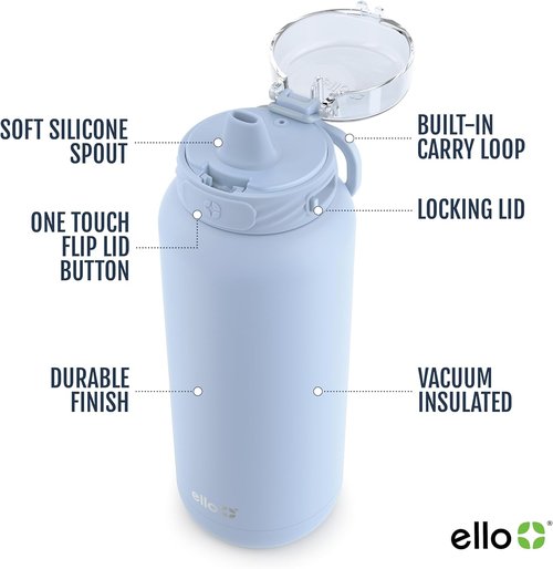 Ello Cooper 32oz Stainless Steel Water Bottle - Double-Walled, Vacuum Insulated, Leak-Proof | Halogen Blue