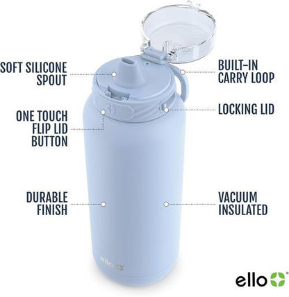 Ello Cooper 40oz Stainless Steel Water Bottle - Double Walled, Vacuum Insulated, Leak Proof | Halogen Blue