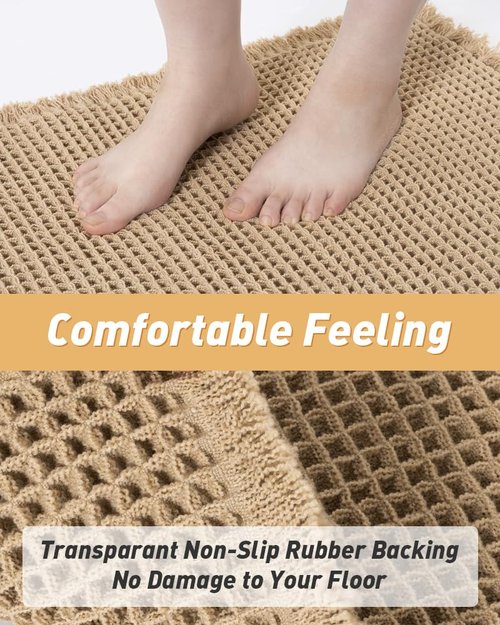 Upgraded Waffle Bath Mats Set of 2, Super Absorbent Non Slip Bath Mats for Bathroom Floor, Washable Boho Bathroom Rugs Set 2 Piece with Tassels, Soft Bathroom Mat Set, 18" x 30" (2 Pack), Brown