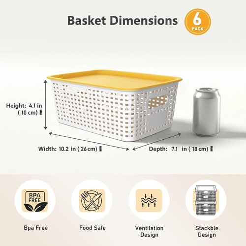 AREYZIN Plastic Storage Bins - Stackable Organizing Baskets with Lids | 6 Pack, 10.2x7.2x4.1 Inch, White