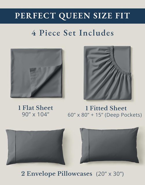**LANE LINEN Organic Cotton Queen Bed Sheets - Soft, Naturally Cooling Percale | Charcoal, 15" Deep Pocket**