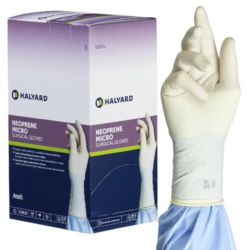 HALYARD Micro Surgical Gloves Sterile Neoprene Individually Wrapped Pairs Powder Free Medical Disposable Gloves, 5.9 mil, Size 8.5 Large, Cream, SGL85085 (Box of 50 Pairs - 100 Total)