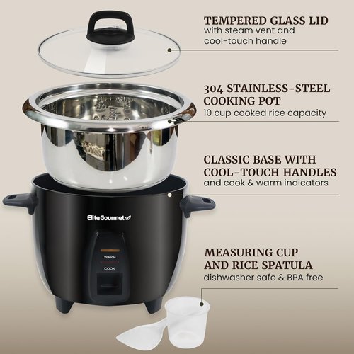 Elite Gourmet 10-Cup Electric Rice Cooker - 304 Stainless Steel Inner Pot for Soups & Stews