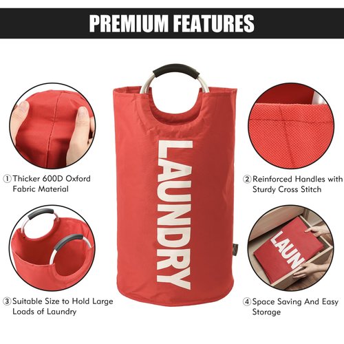 DOKEHOM 95L Large Laundry Basket, Collapsible Laundry Bag, Freestanding Tall Clothes Hamper, Foldable Washing Bin (Red)