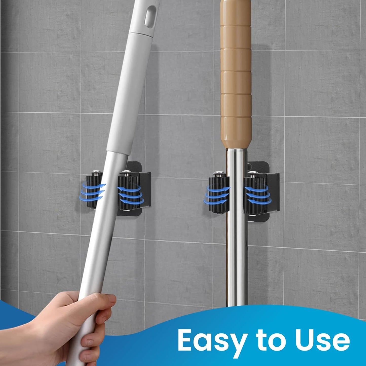 Skiennix Broom Holder Wall Mount - Heavy-Duty Stainless Steel Mop Hanger with Screws | 4-Piece Set (Black)