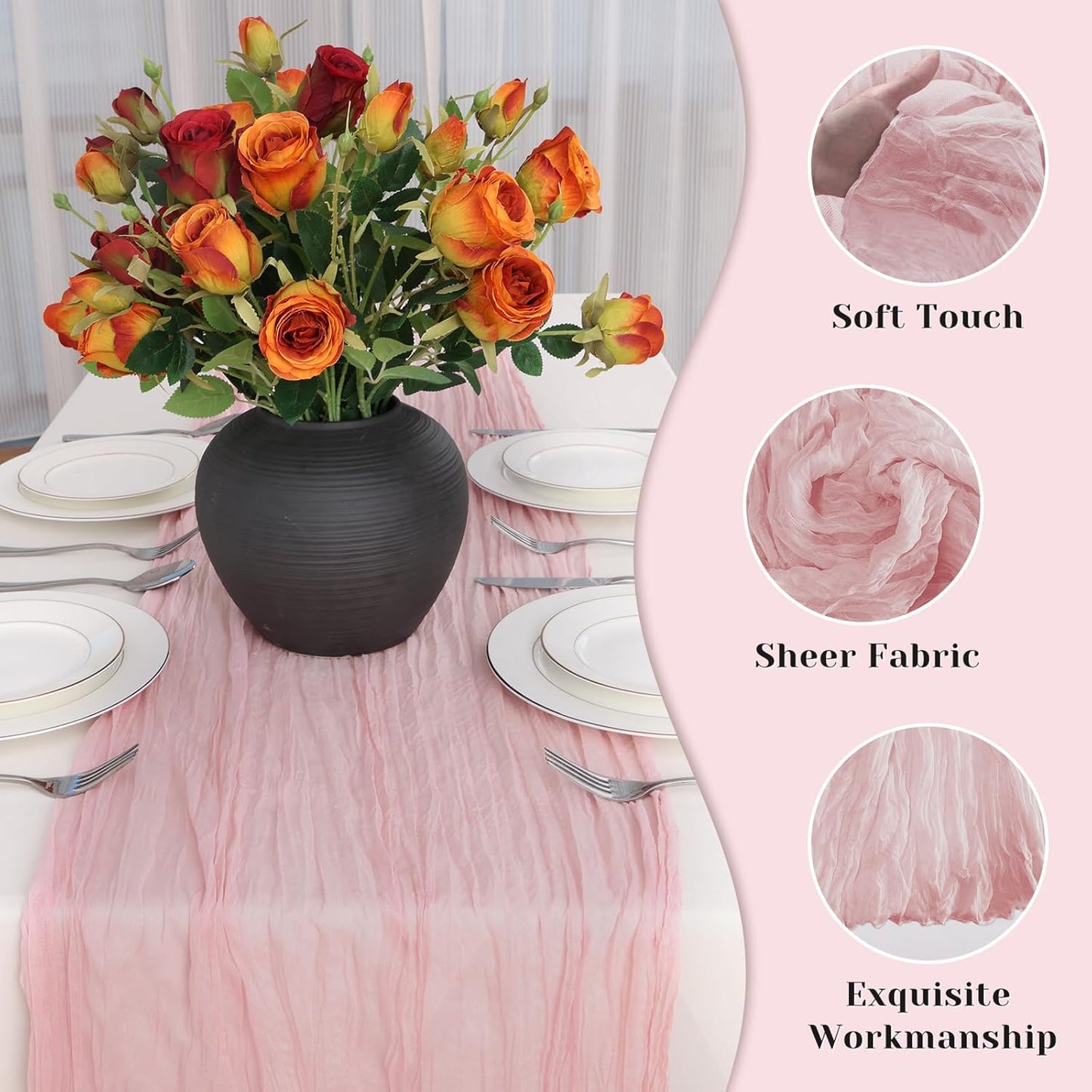 Regine Switzerland Pink Table Runner - 10 Ft Rustic Gauze Cheesecloth for Weddings & Parties | Boho Design