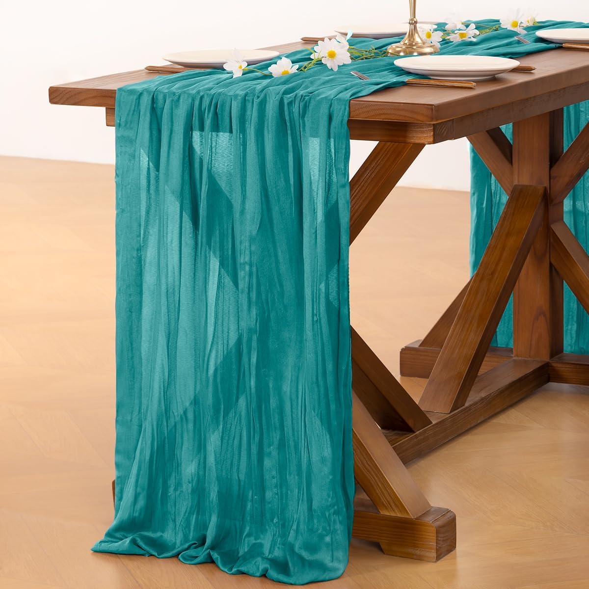 Socomi Teal Blue Cheesecloth Table Runner - 120 Inch Boho Rustic Gauze for Weddings & Parties
