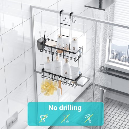 Aitatty Over The Door Shower Caddy - Rustproof Black Hanging Organizer | No Drilling Bathroom Rack