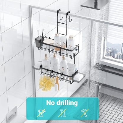Aitatty Over The Door Shower Caddy - Rustproof Black Hanging Organizer | No Drilling Bathroom Rack