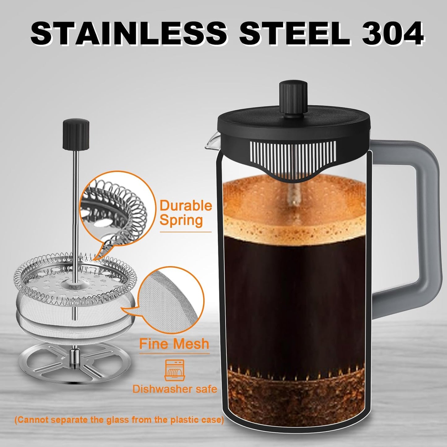 YOLIFE French Press Coffee Maker - 21 oz Portable Tea & Coffee Press with Heat-Resistant Glass | Grey & Black