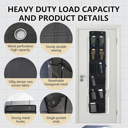 Over The Door Shoe Organizer - 12 Mesh Pockets for Easy Storage | Includes 4 Metal Hooks (Black)