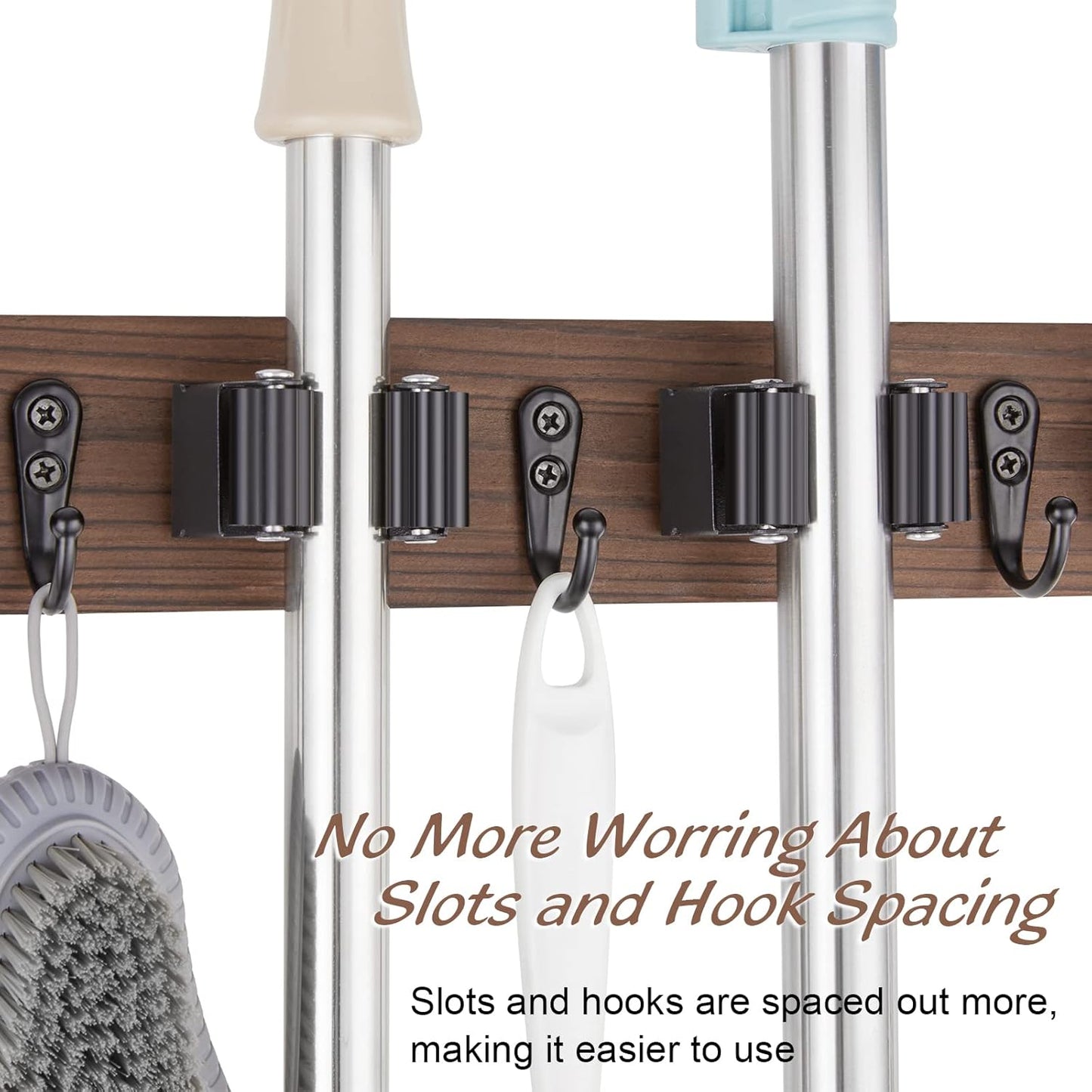 OUTNILI Mop Broom Holder Wall Mount - 2 Pack Wood Organizer with 4 Slots & Hooks for Rustic Kitchen, Garage, Laundry Room