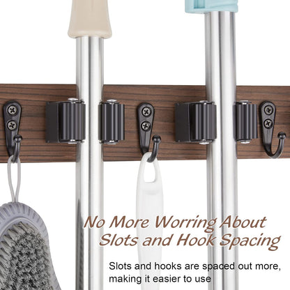 OUTNILI Mop Broom Holder Wall Mount - 2 Pack Wood Organizer with 4 Slots & Hooks for Rustic Kitchen, Garage, Laundry Room