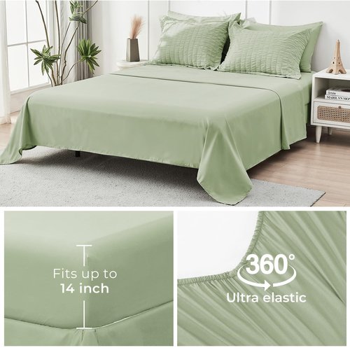HYMOKEGE Light Green California King Comforter Set Seersucker 7 Pieces, All Season Luxury Bed in a Bag for Bedroom, Bedding Set with Comforters, Sheets, Pillowcases & Shams
